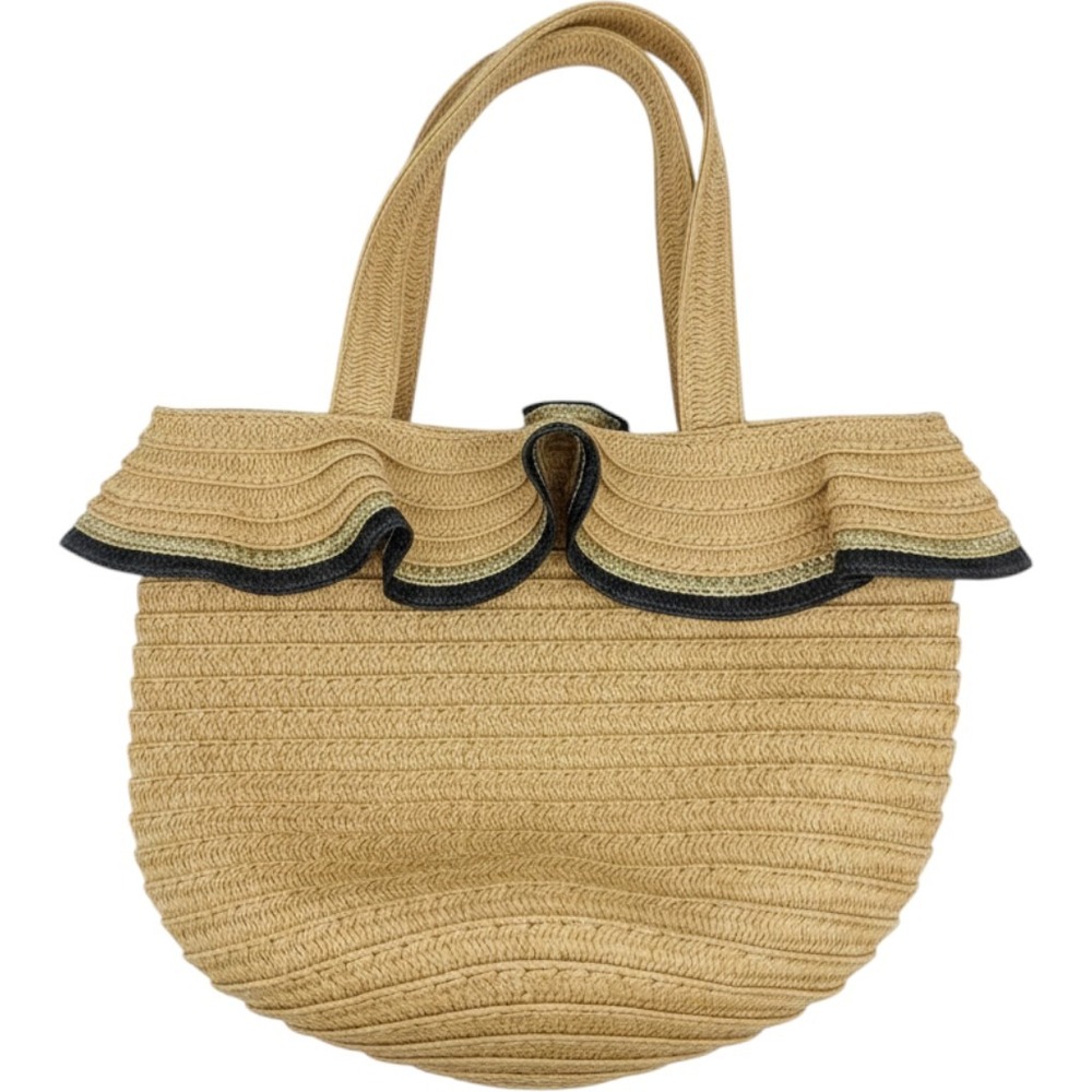 Woven Straw Ruffle Trim Tote Bag Tan Black Gold Metallic Summer Beach Handbag